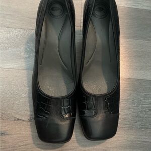 Square Toe Black Leather Heels